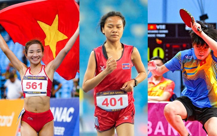 Nguyễn Thị Oanh, Bou Samnang, Mai Ngọc - ba nữ VĐV chiếm trọn tình cảm của người hâm mộ - Ảnh: NAM TRẦN Nguyễn Thị Oanh, Bou Samnang, Mai Ngọc (từ trái qua) - ba nữ VĐV chiếm trọn tình cảm của người hâm mộ - Ảnh: NAM TRẦN