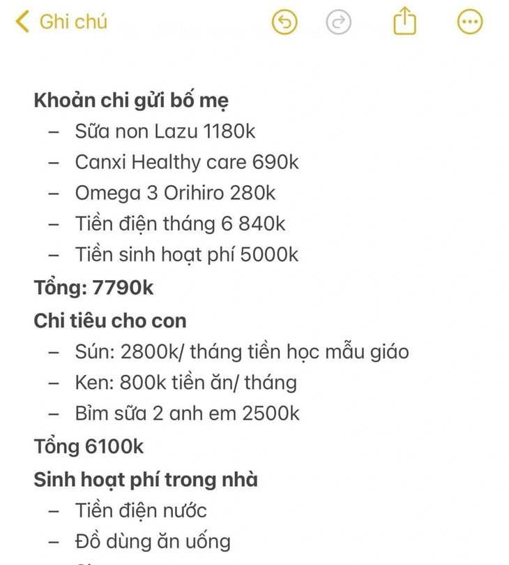 Chồng 'bắt' gửi 'cả đống' tiền về nội, cộng đồng mạng tư vấn: Cho chồng quản lý mọi chi tiêu!- Ảnh 1. Danh sách các khoản chi tiêu của gia đình, mua sắm gửi về nhà chồng khiến Nhan Chiêu thấy áp lực